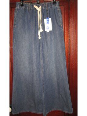 Cider New Sz S Leslie Jeans Wide Baggy Elastic Tie Waist Pull On Blue High Rise